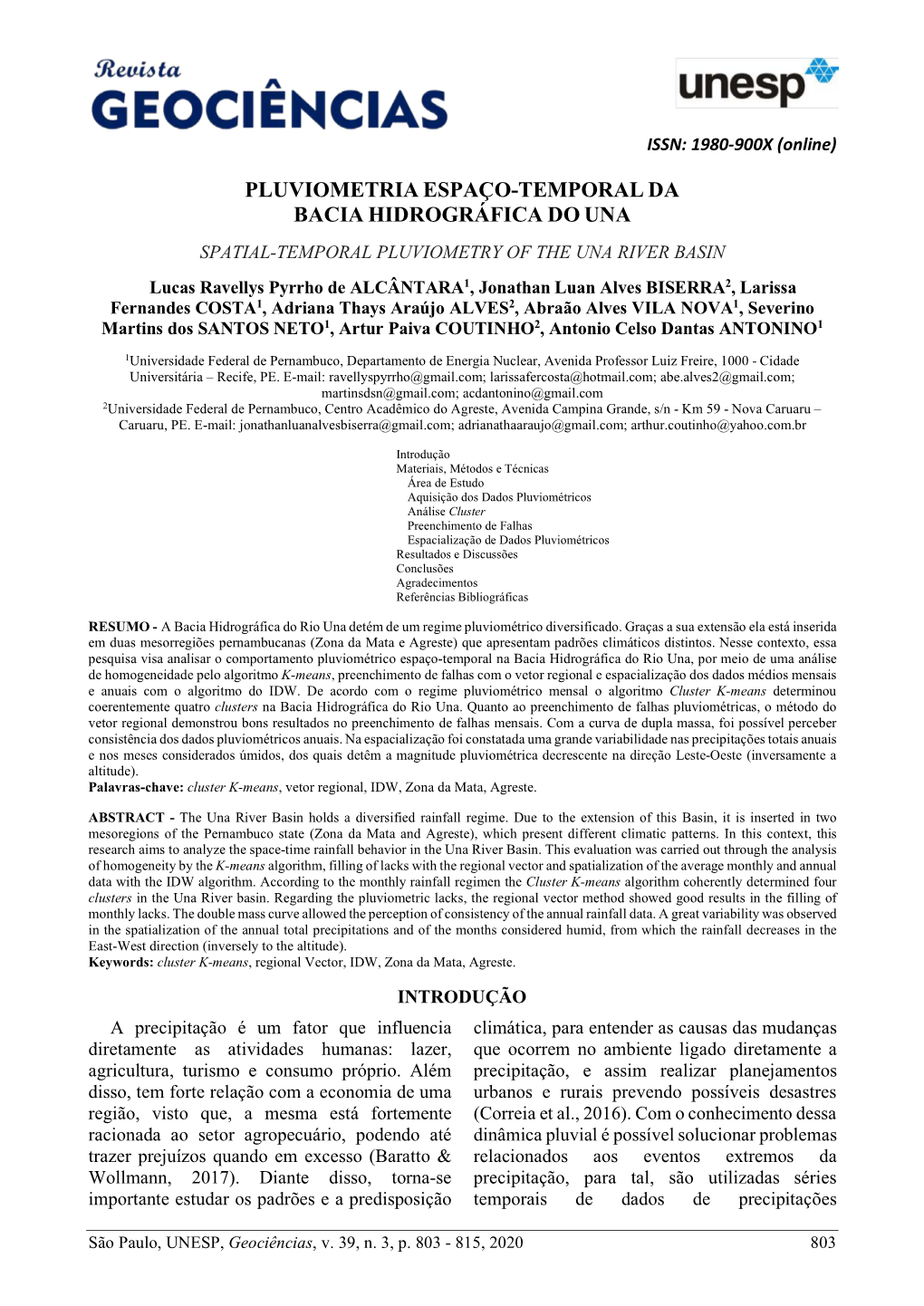 Pluviometria Espaço-Temporal Da Bacia Hidrográfica Do Una