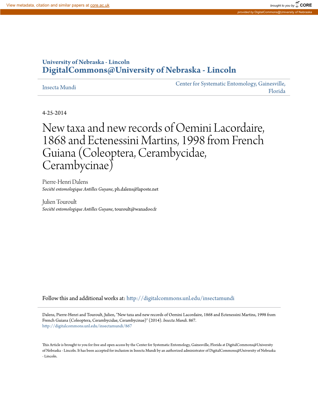 New Taxa and New Records of Oemini Lacordaire, 1868 And