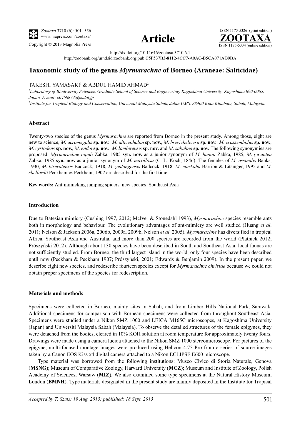 Taxonomic Study of the Genus Myrmarachne of Borneo (Araneae: Salticidae)