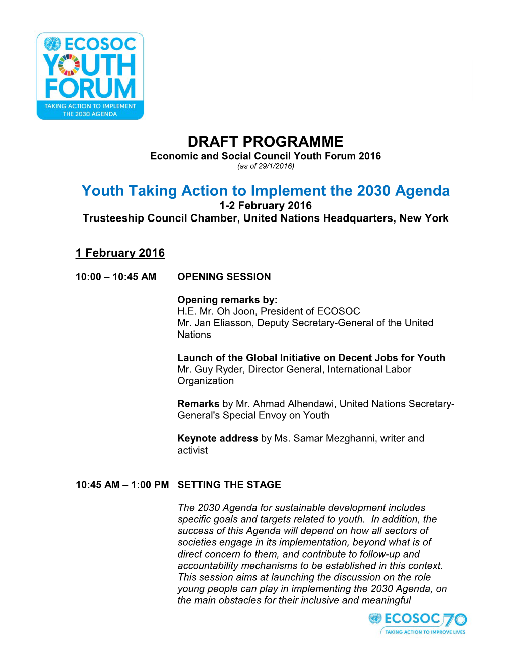Programme of the ECOSOC Youth Forum 2016
