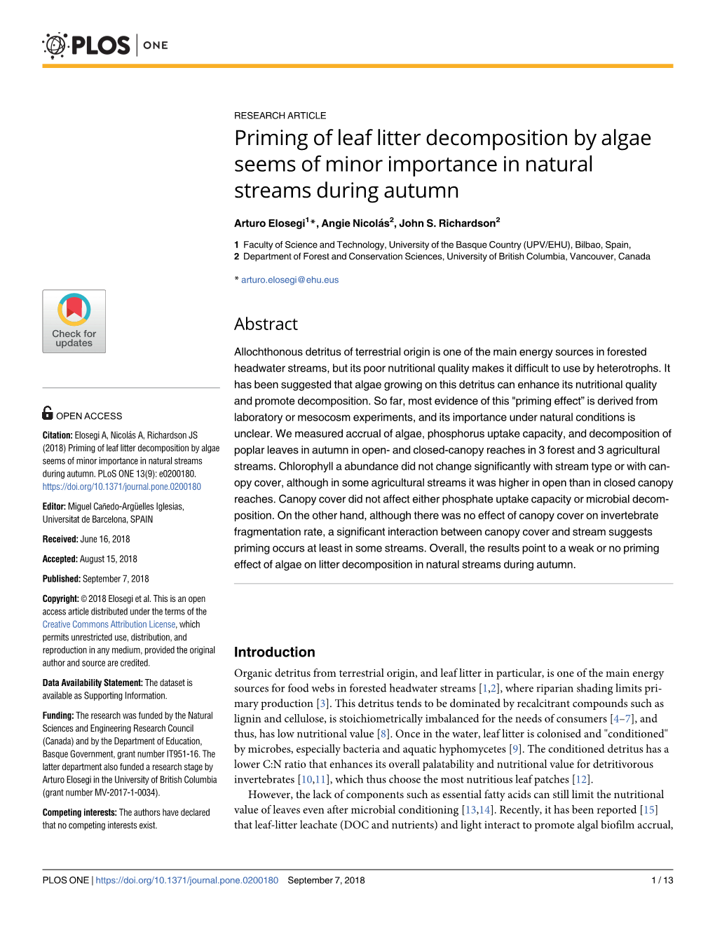 Priming of Leaf Litter Decomposition by Algae Seems of Minor Importance in Natural Streams During Autumn