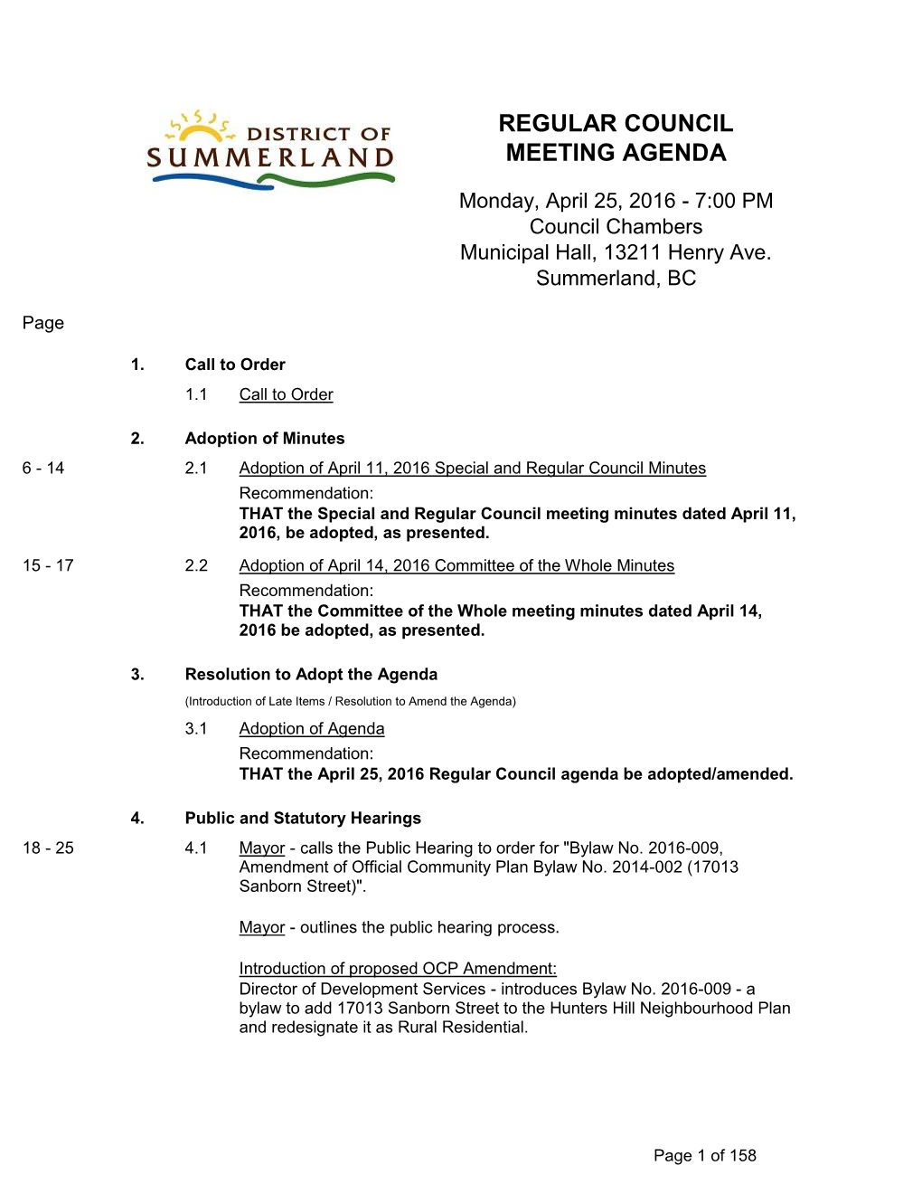 Regular Council Meeting Agenda