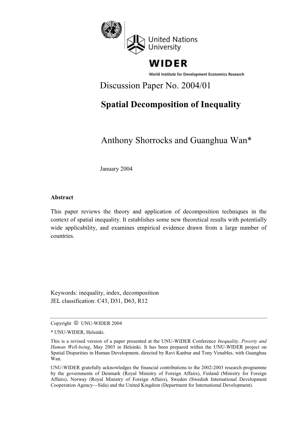 Discussion Paper No. 2004/01 Spatial Decomposition of Inequality