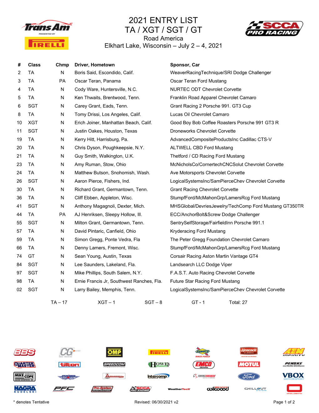 2021 ENTRY LIST TA / XGT / SGT / GT Road America Elkhart Lake, Wisconsin – July 2 – 4, 2021