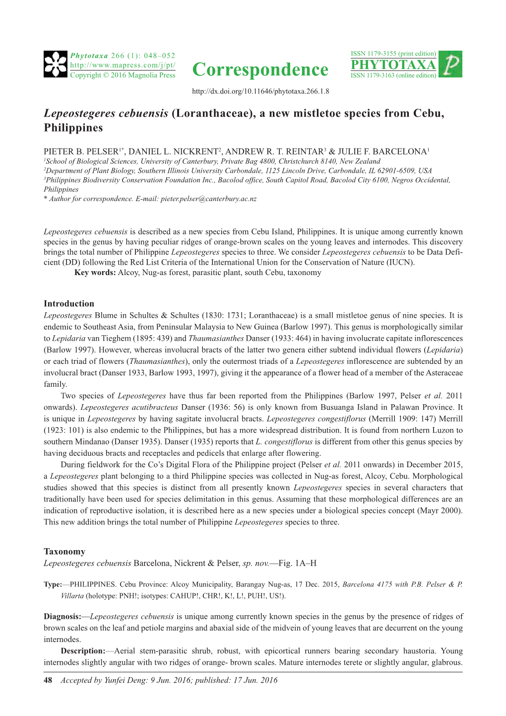 Lepeostegeres Cebuensis (Loranthaceae), a New Mistletoe Species from Cebu, Philippines