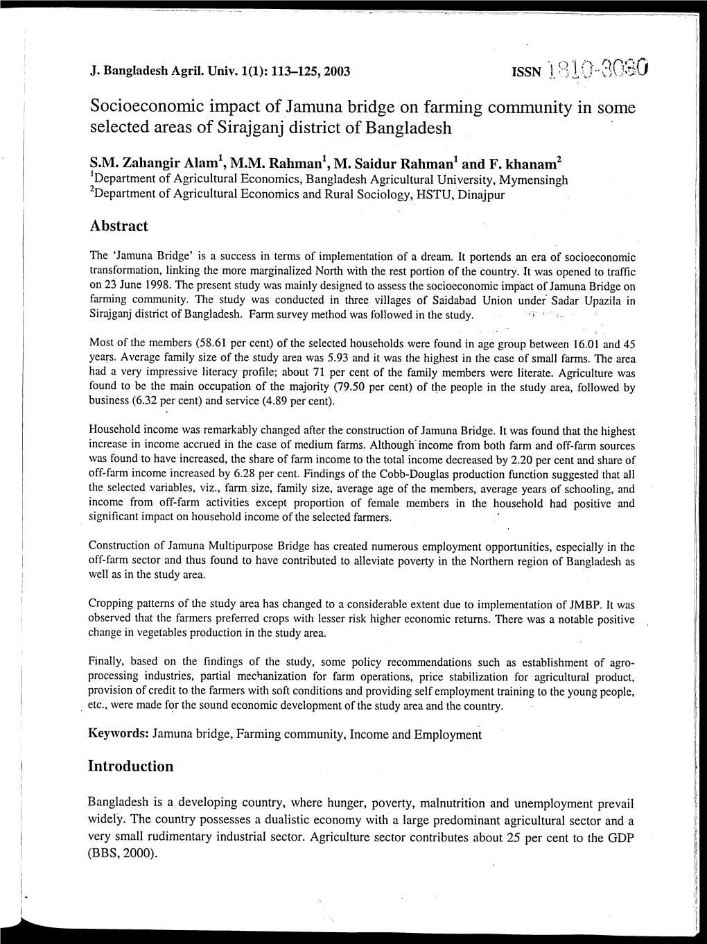 Socioeconomic Impact of Jamuna Bridge on Farming Community in Some Selected Areas of Sirajganj District of Bangladesh