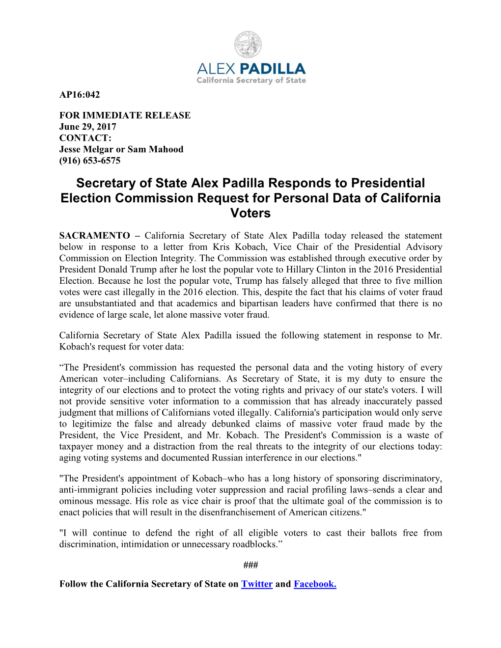 Secretary of State Alex Padilla Responds to Presidential Election Commission Request for Personal Data of California Voters