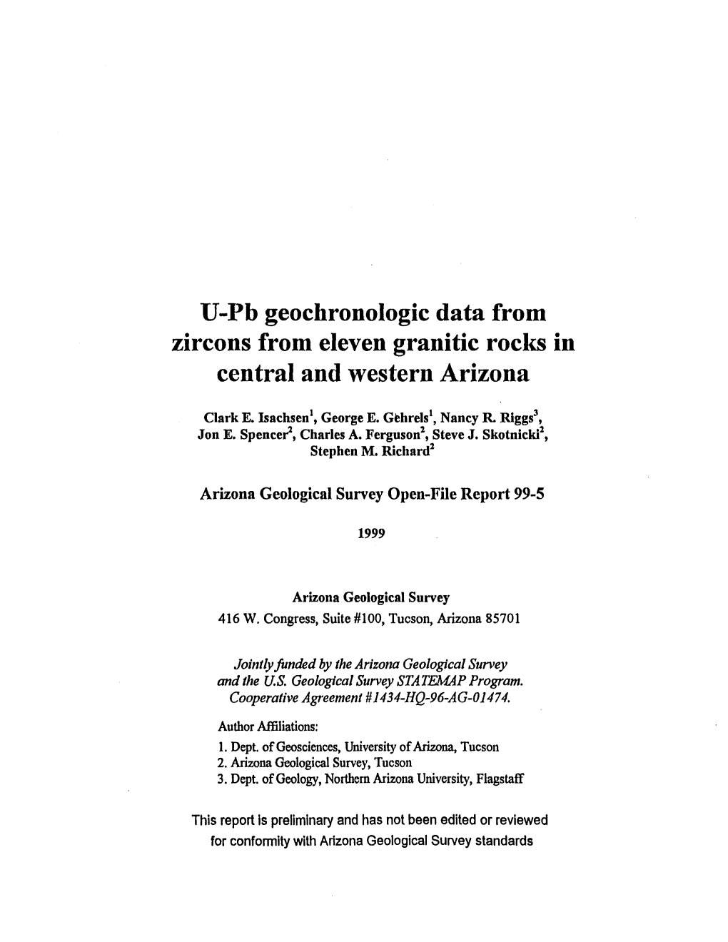 U-Pb Geochronologic Data from Zircons from Eleven Granitic Rocks in Central and Western Arizona