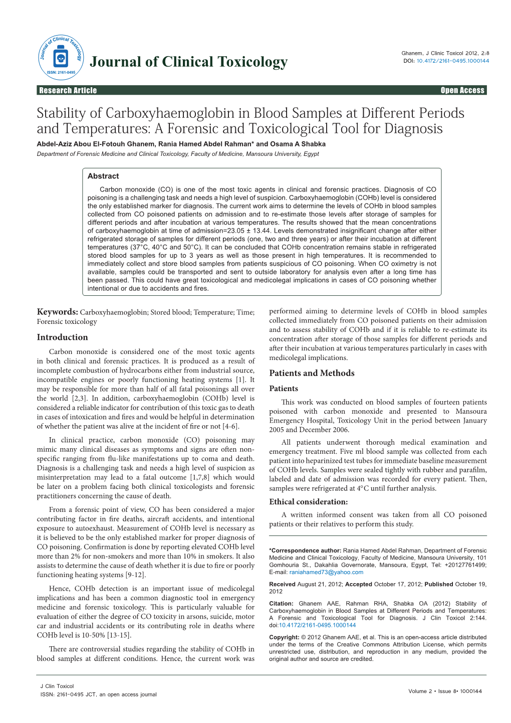 Stability of Carboxyhaemoglobin in Blood Samples at Different Periods