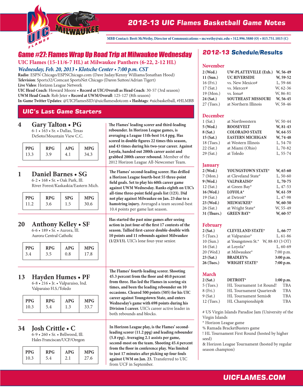 2012-13 UIC Flames Basketball Game Notes UICFLAMES.COM