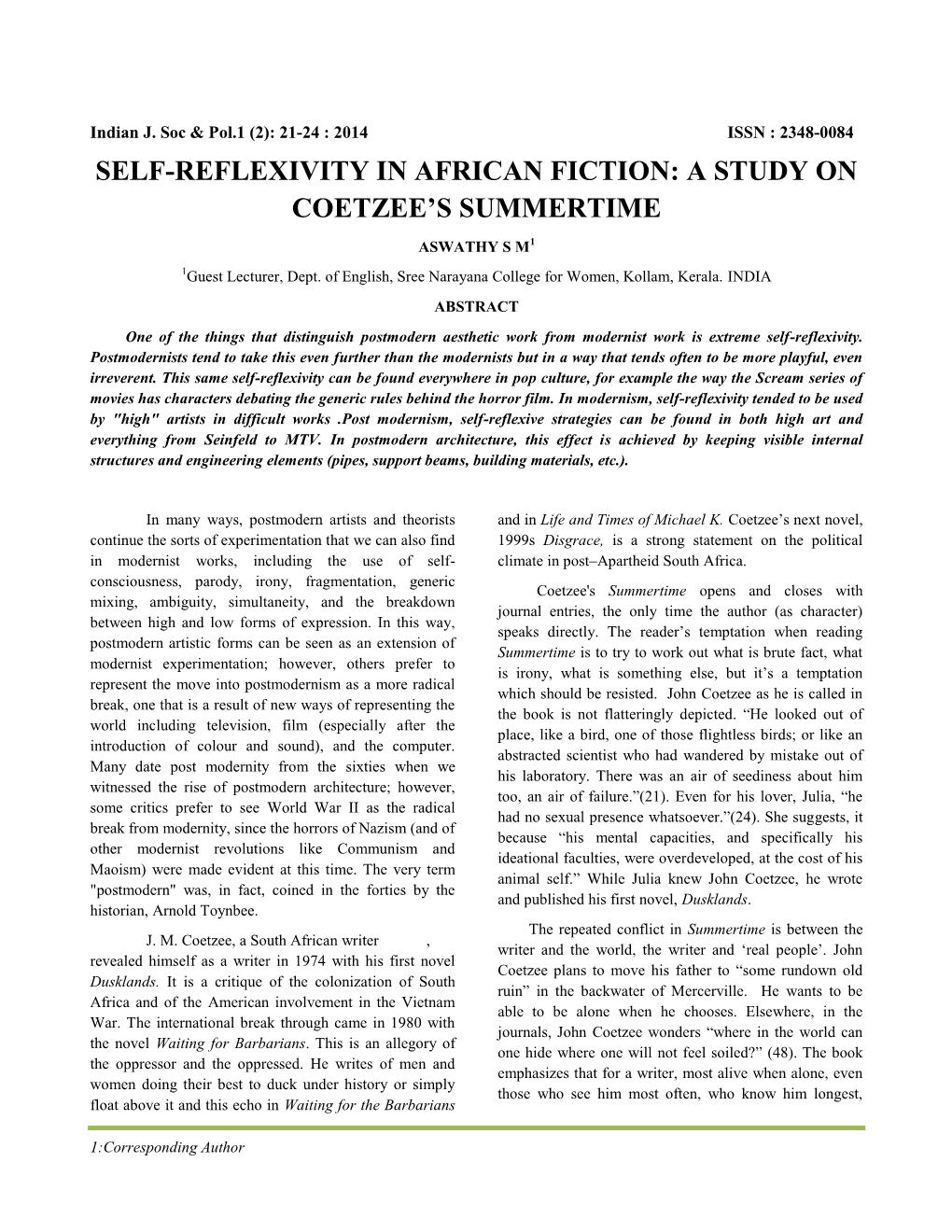 Self-Reflexivity in African Fiction: a Study on Coetzee’S Summertime