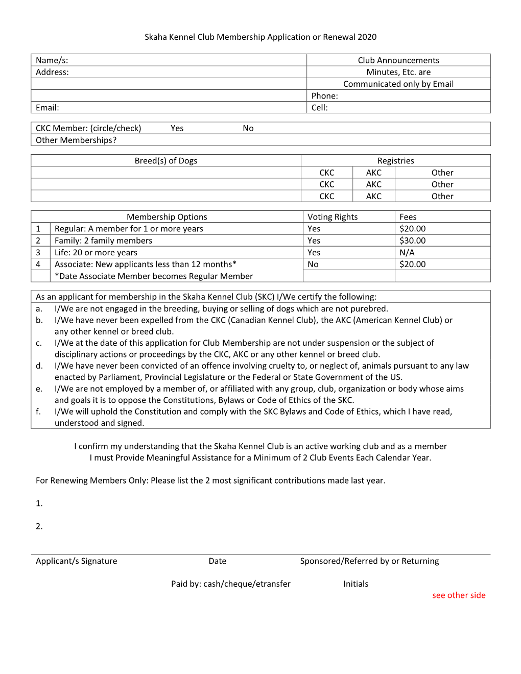 Skaha Kennel Club Membership Application Or Renewal 2020 Name/S