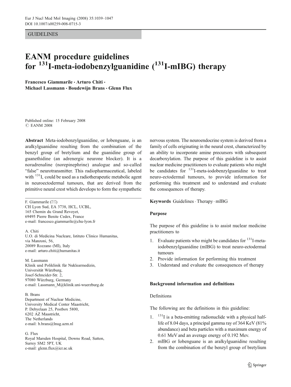 EANM Procedure Guidelines for 131I-Meta-Iodobenzylguanidine (131I-Mibg) Therapy