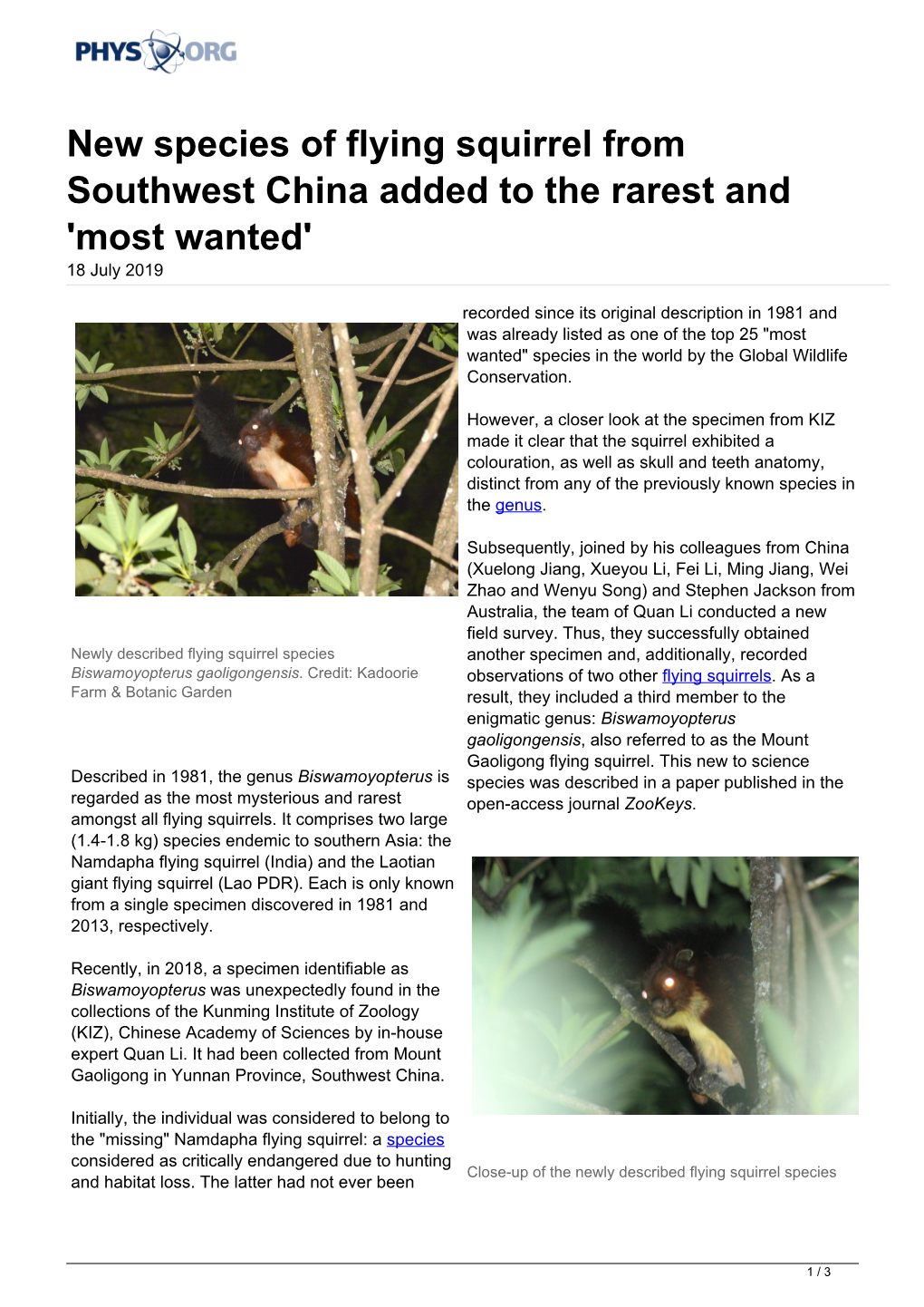 New Species of Flying Squirrel from Southwest China Added to the Rarest and 'Most Wanted' 18 July 2019