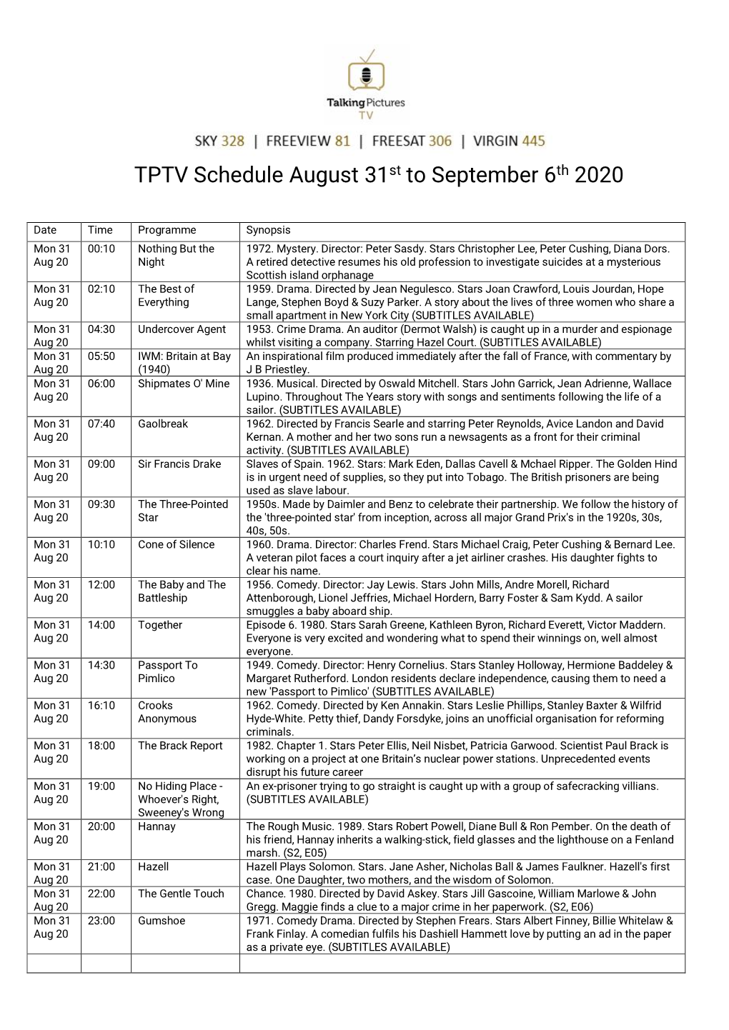TPTV Schedule August 31St to September 6Th 2020
