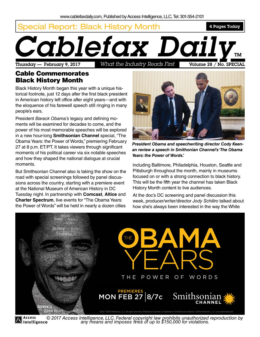 Cablefax Dailytm Thursday — February 9, 2017 What the Industry Reads First Volume 28 / No
