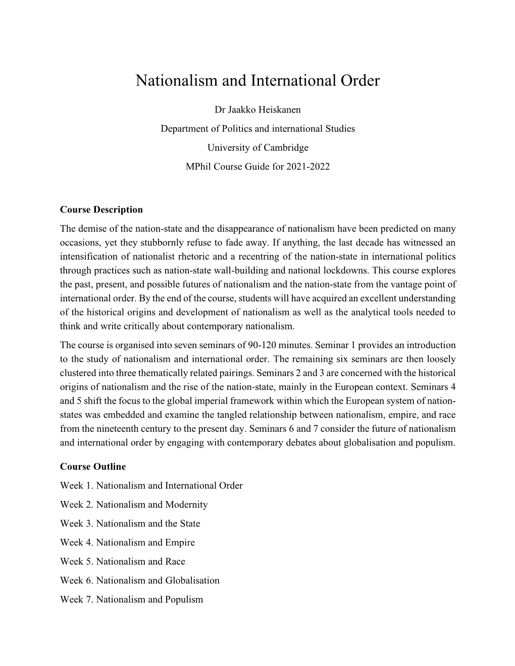 Nationalism and International Order