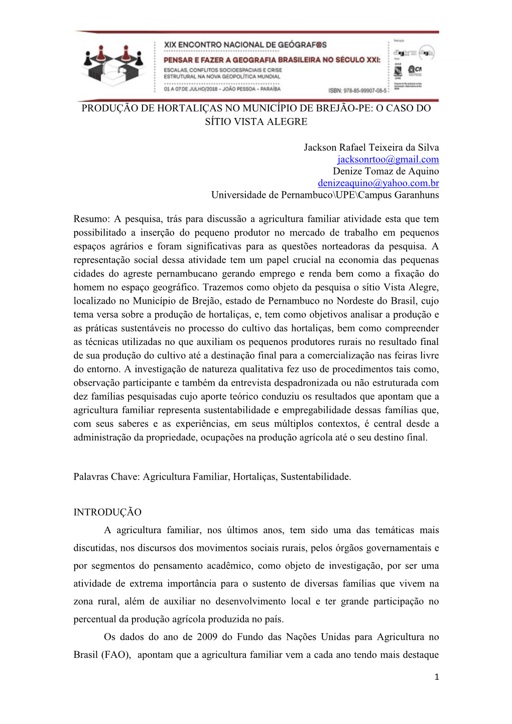 Produção De Hortaliças No Município De Brejão-Pe: O Caso Do Sítio Vista Alegre