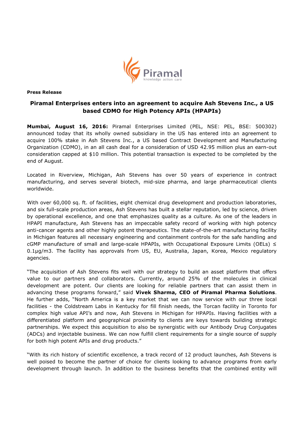 Piramal Enterprises Enters Into an Agreement to Acquire Ash Stevens Inc., a US Based CDMO for High Potency Apis (Hpapis)