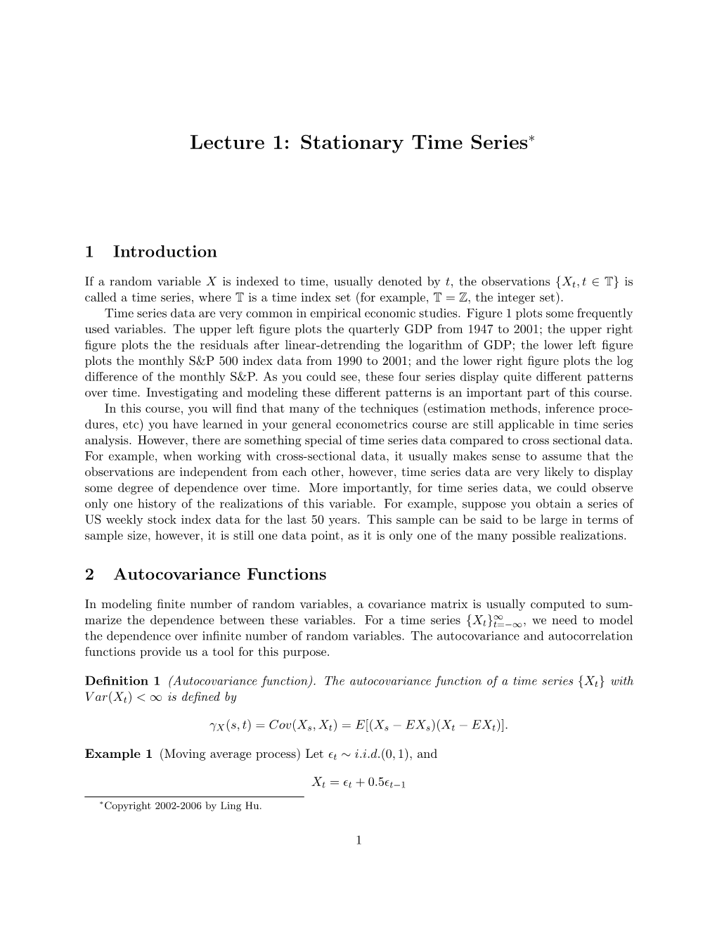 Lecture 1: Stationary Time Series∗