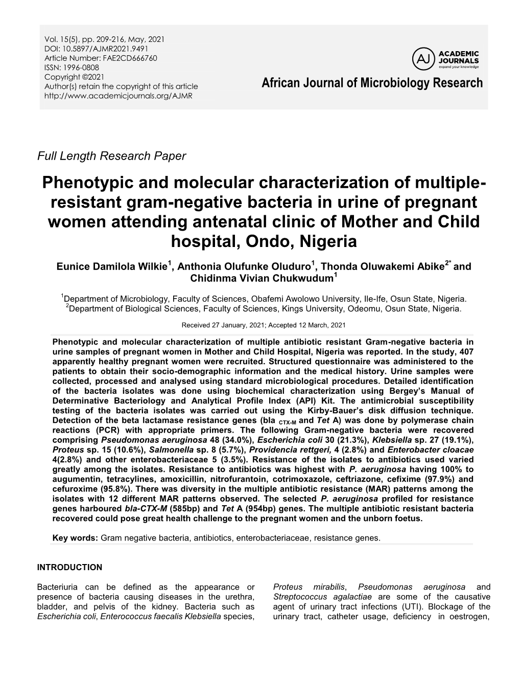 Resistant Gram-Negative Bacteria in Urine of Pregnant Women Attending Antenatal Clinic of Mother and Child Hospital, Ondo, Nigeria