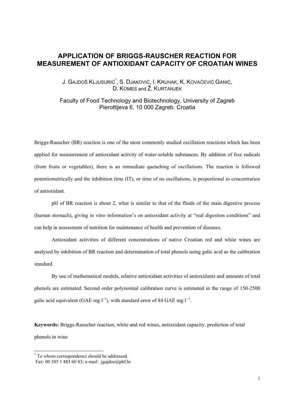 Application of Briggs-Rauscher Reaction for Measurement of Antioxidant Capacity of Croatian Wines