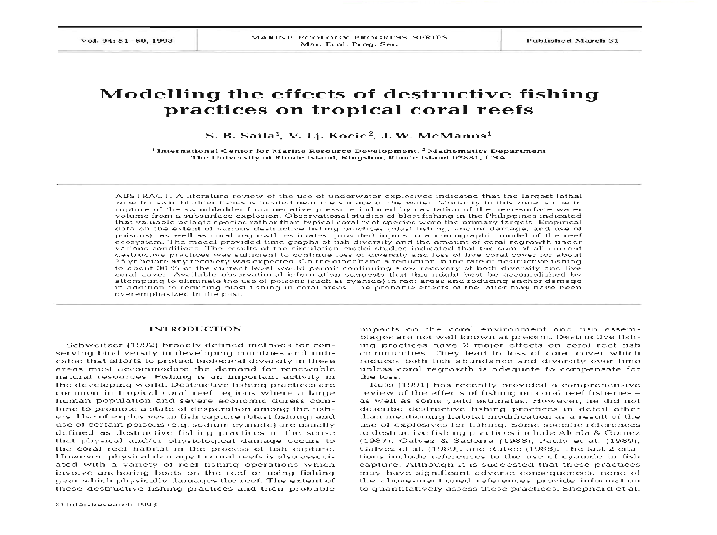 Modelling the Effects of Destructive Fishing Practices on Tropical Coral Reefs