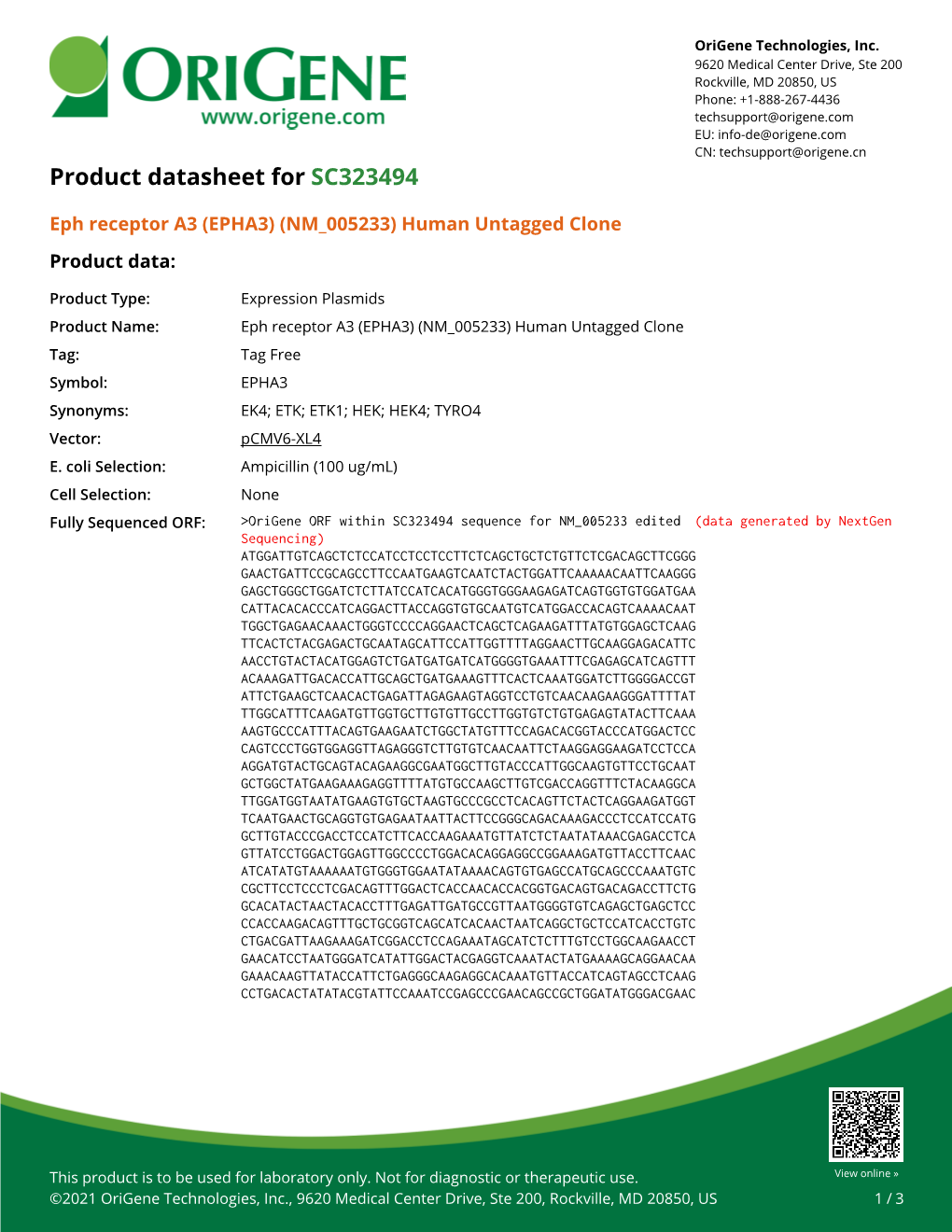 Eph Receptor A3 (EPHA3) (NM 005233) Human Untagged Clone Product Data