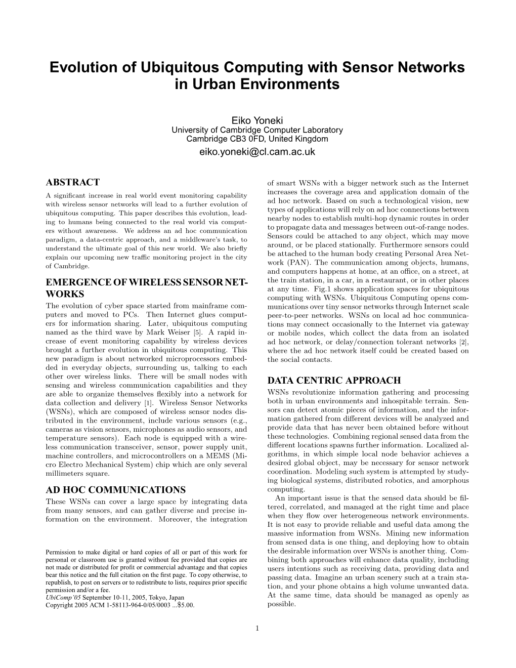 Evolution of Ubiquitous Computing with Sensor Networks in Urban Environments