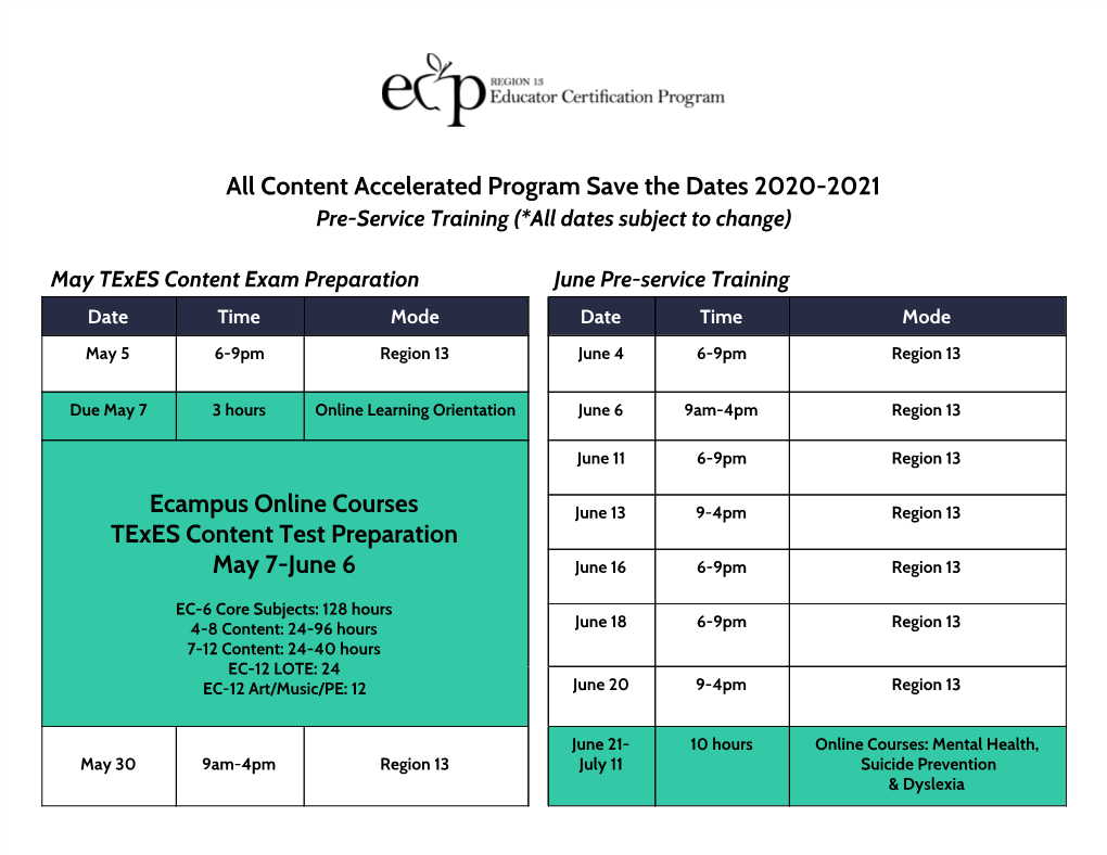 Content Accelerated Program Save the Dates 2020-2021 Pre-Service Training (*All Dates Subject to Change)