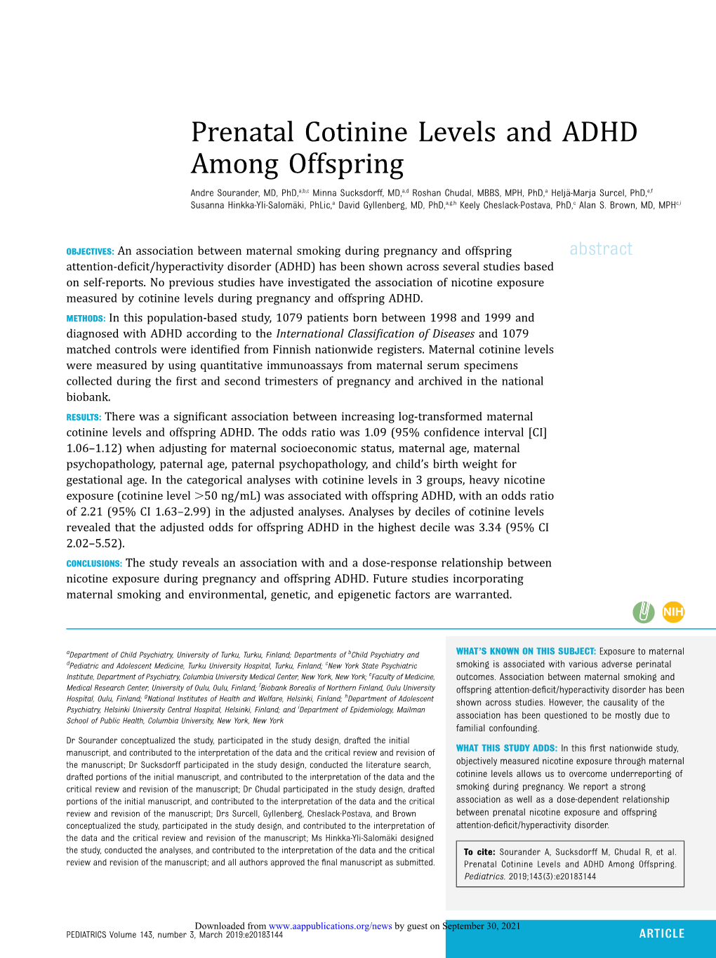 Prenatal Cotinine Levels and ADHD Among Offspring