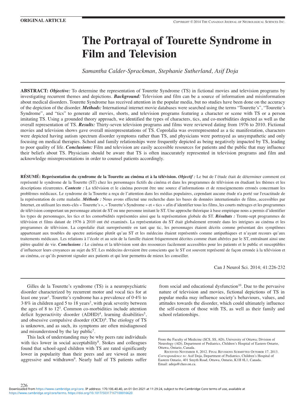 The Portrayal of Tourette Syndrome in Film and Television Samantha Calder-Sprackman, Stephanie Sutherland, Asif Doja