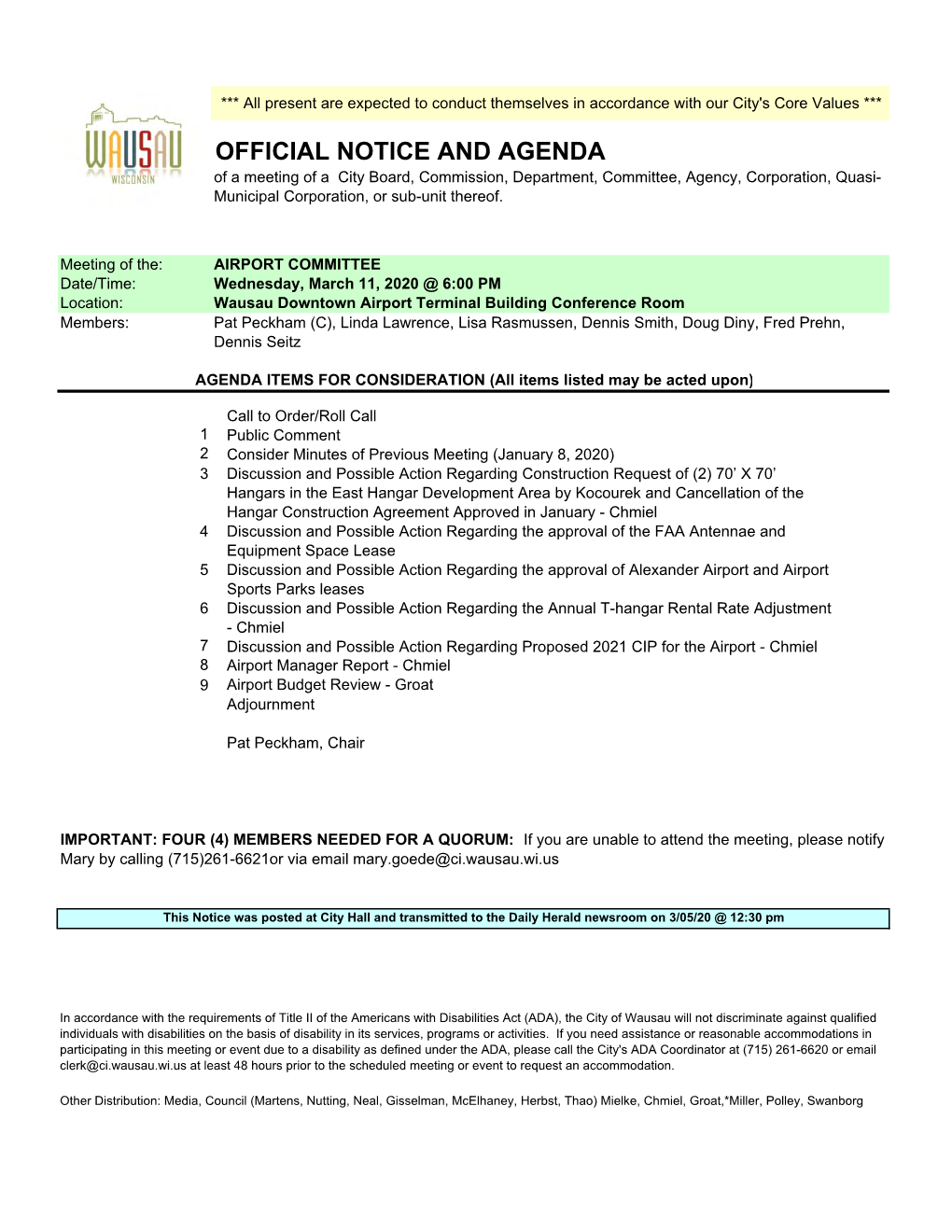 OFFICIAL NOTICE and AGENDA of a Meeting of a City Board, Commission, Department, Committee, Agency, Corporation, Quasi- Municipal Corporation, Or Sub-Unit Thereof