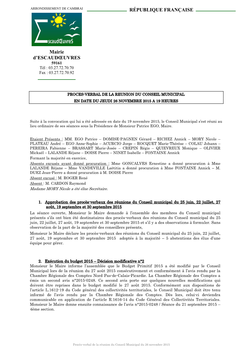Procès-Verbal De La Réunion Du Conseil Municipal Du 26 Novembre 2015