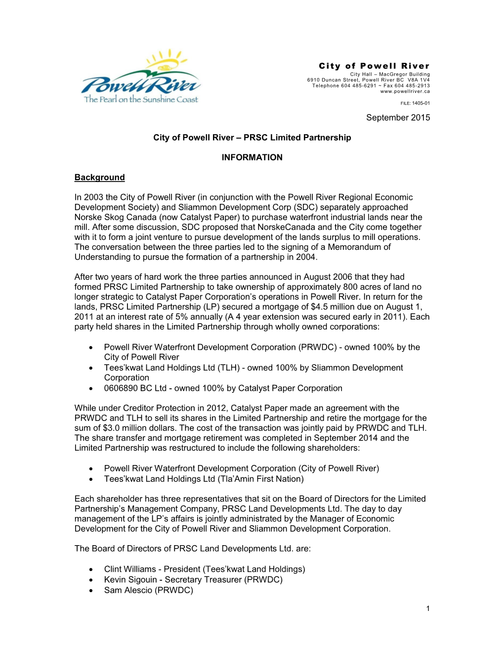 September 2015 City of Powell River – PRSC Limited Partnership