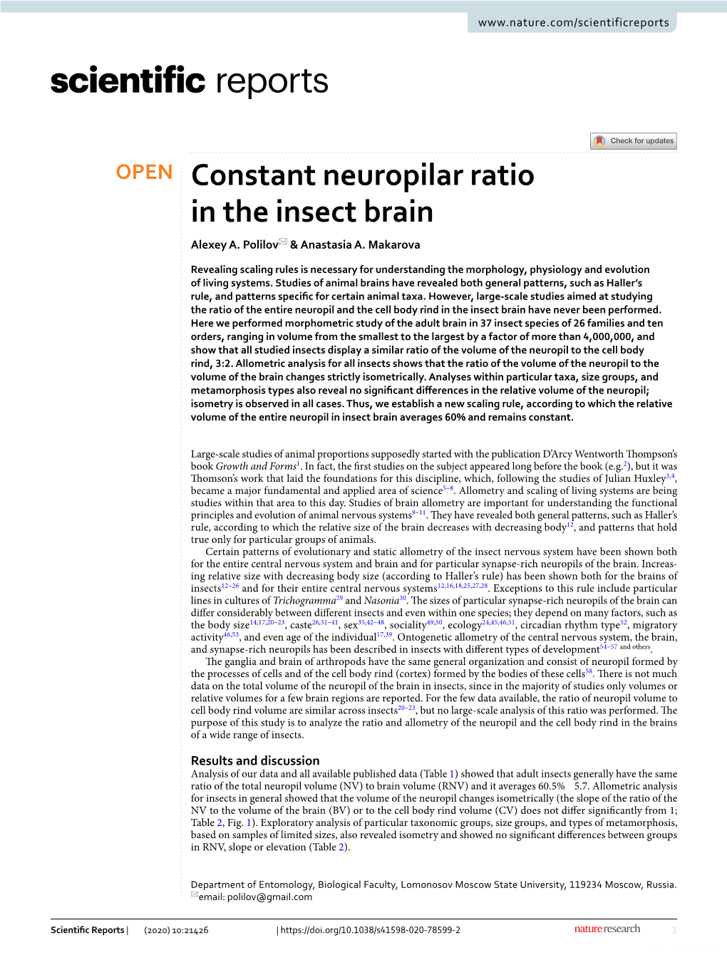 Constant Neuropilar Ratio in the Insect Brain Alexey A