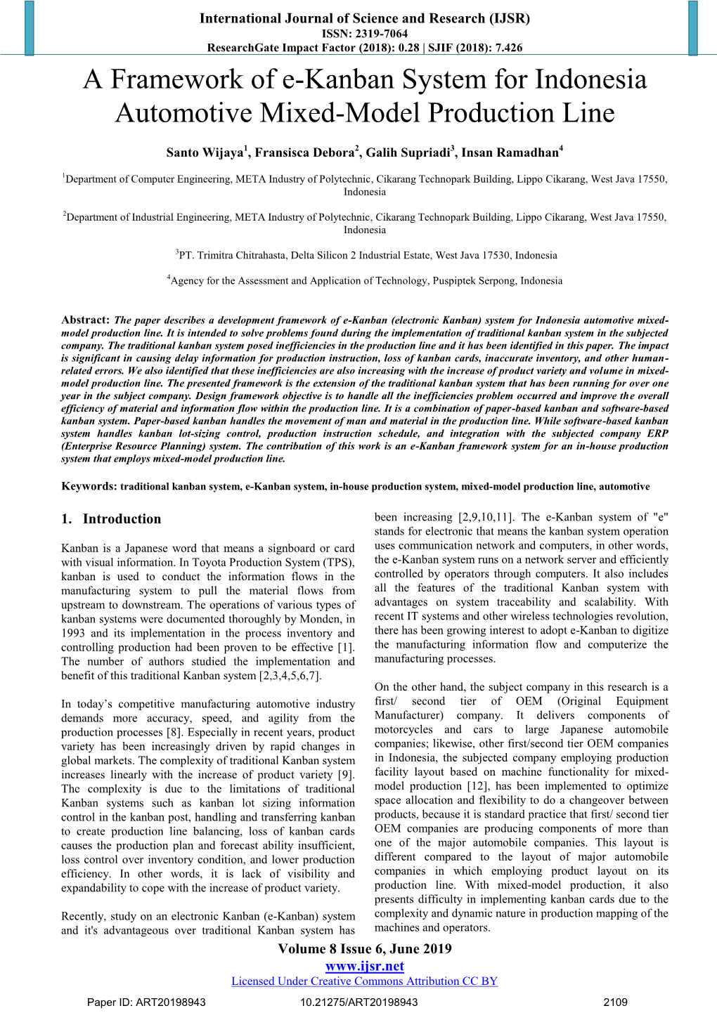 A Framework of E-Kanban System for Indonesia Automotive Mixed-Model Production Line