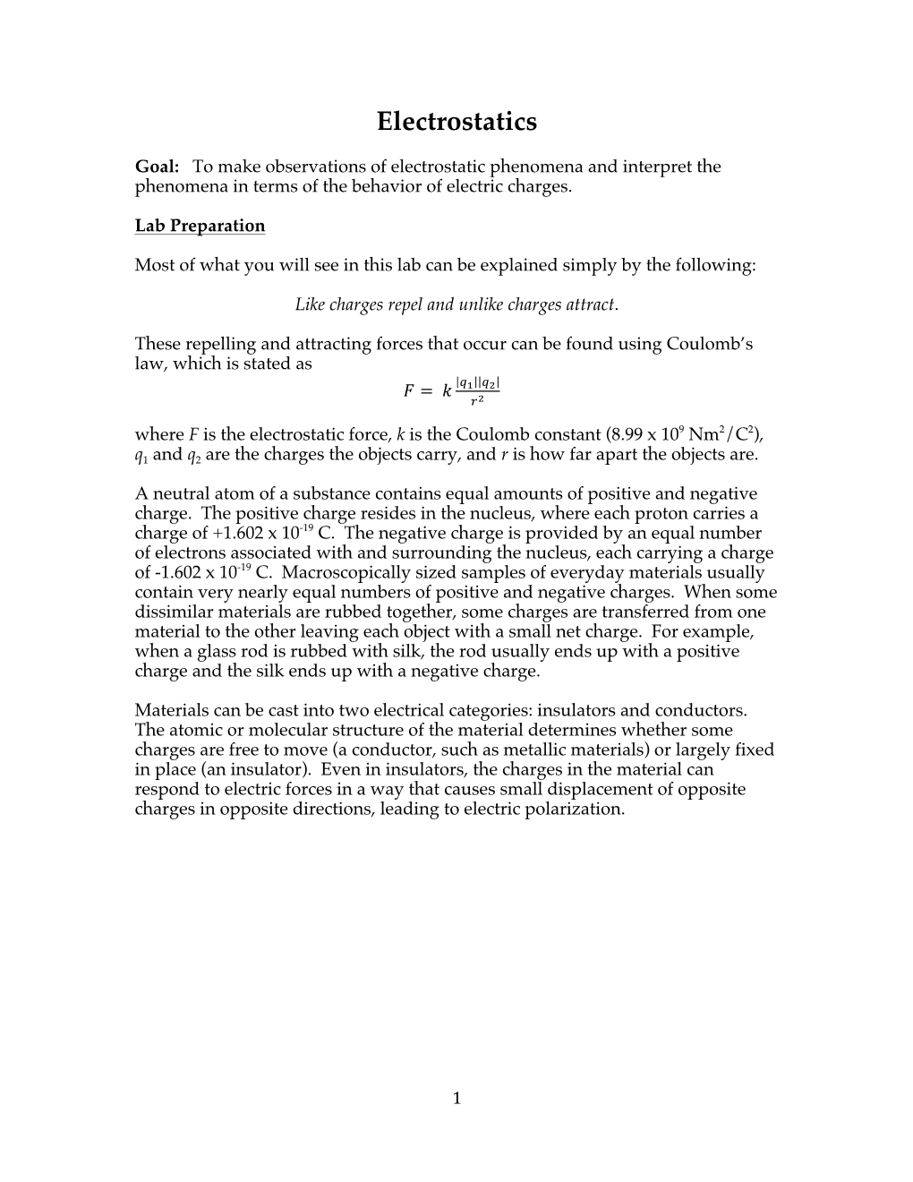 Lab 1 Electrostatics