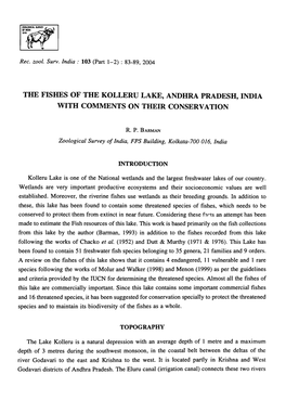 The Fishes of the Kolleru Lake, Andhra Pradesh, India with Comments on Their Conservation