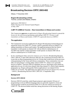 Broadcasting Decision CRTC 2003-602