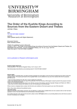 University of Birmingham the Order of the Kushite Kings According To