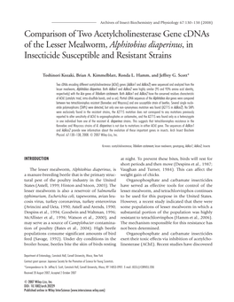 Comparison of Two Acetylcholinesterase Gene Cdnas of the Lesser Mealworm, Alphitobius Diaperinus, in Insecticide Susceptible and Resistant Strains