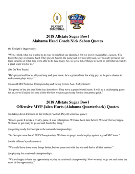 2018 Allstate Sugar Bowl Alabama Head Coach Nick Saban Quotes