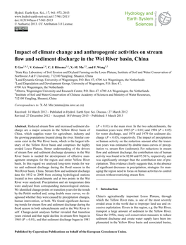 Impact of Climate Change and Anthropogenic Activities on Stream Flow and Sediment Discharge in the Wei River Basin, China