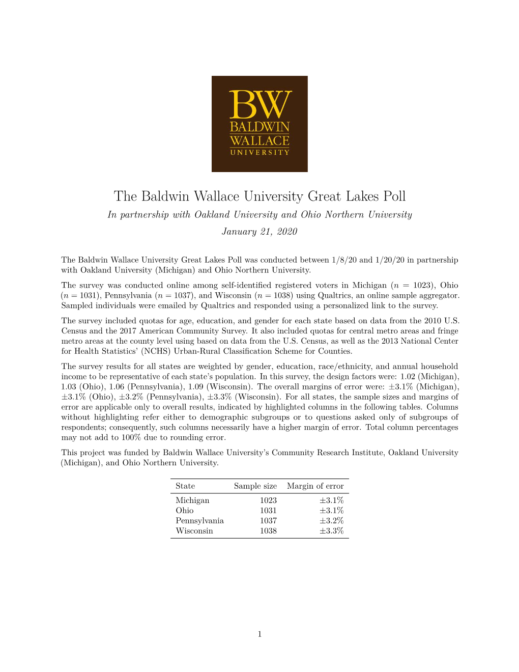 The Baldwin Wallace University Great Lakes Poll in Partnership with Oakland University and Ohio Northern University January 21, 2020