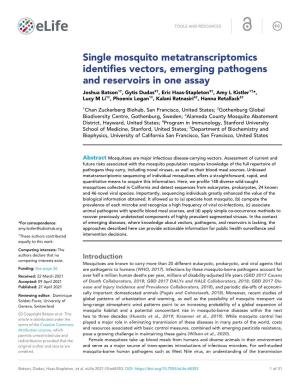 Single Mosquito Metatranscriptomics Identifies Vectors, Emerging Pathogens and Reservoirs in One Assay