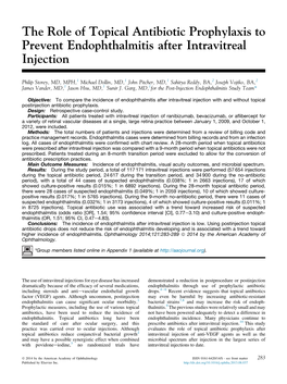 The Role of Topical Antibiotic Prophylaxis to Prevent Endophthalmitis After Intravitreal Injection
