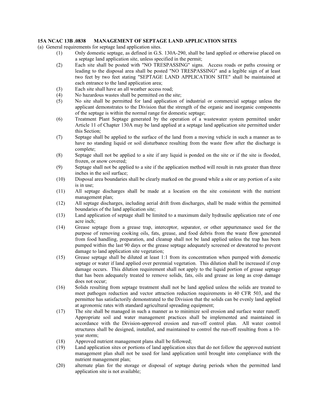 15A Ncac 13B .0838 Management of Septage Land Application Sites