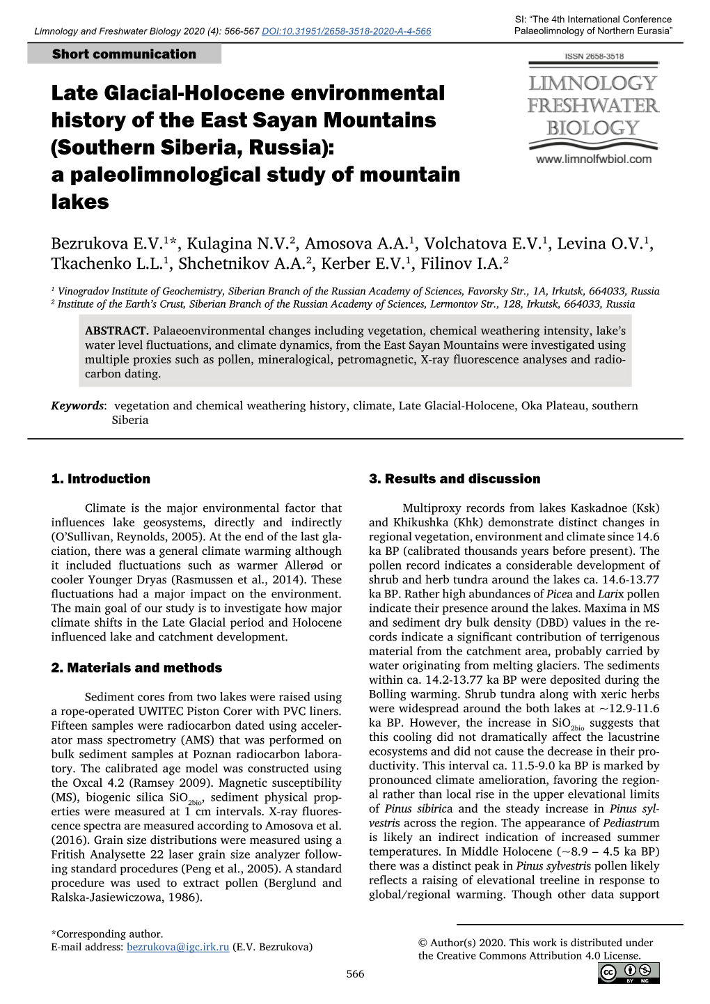 Late Glacial-Holocene Environmental History of the East Sayan Mountains (Southern Siberia, Russia): a Paleolimnological Study of Mountain Lakes