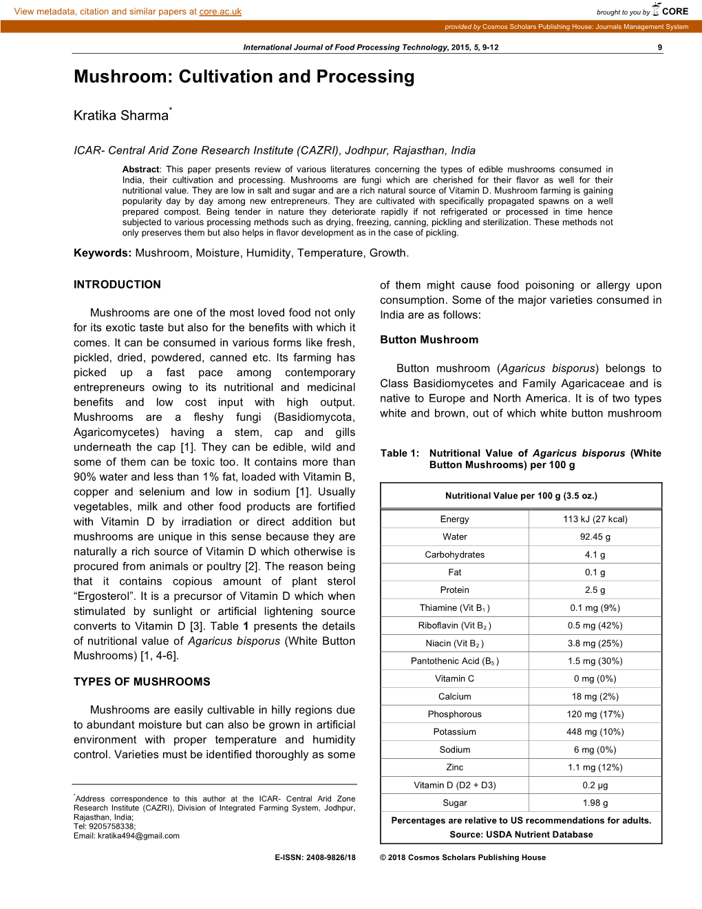 Mushroom: Cultivation and Processing